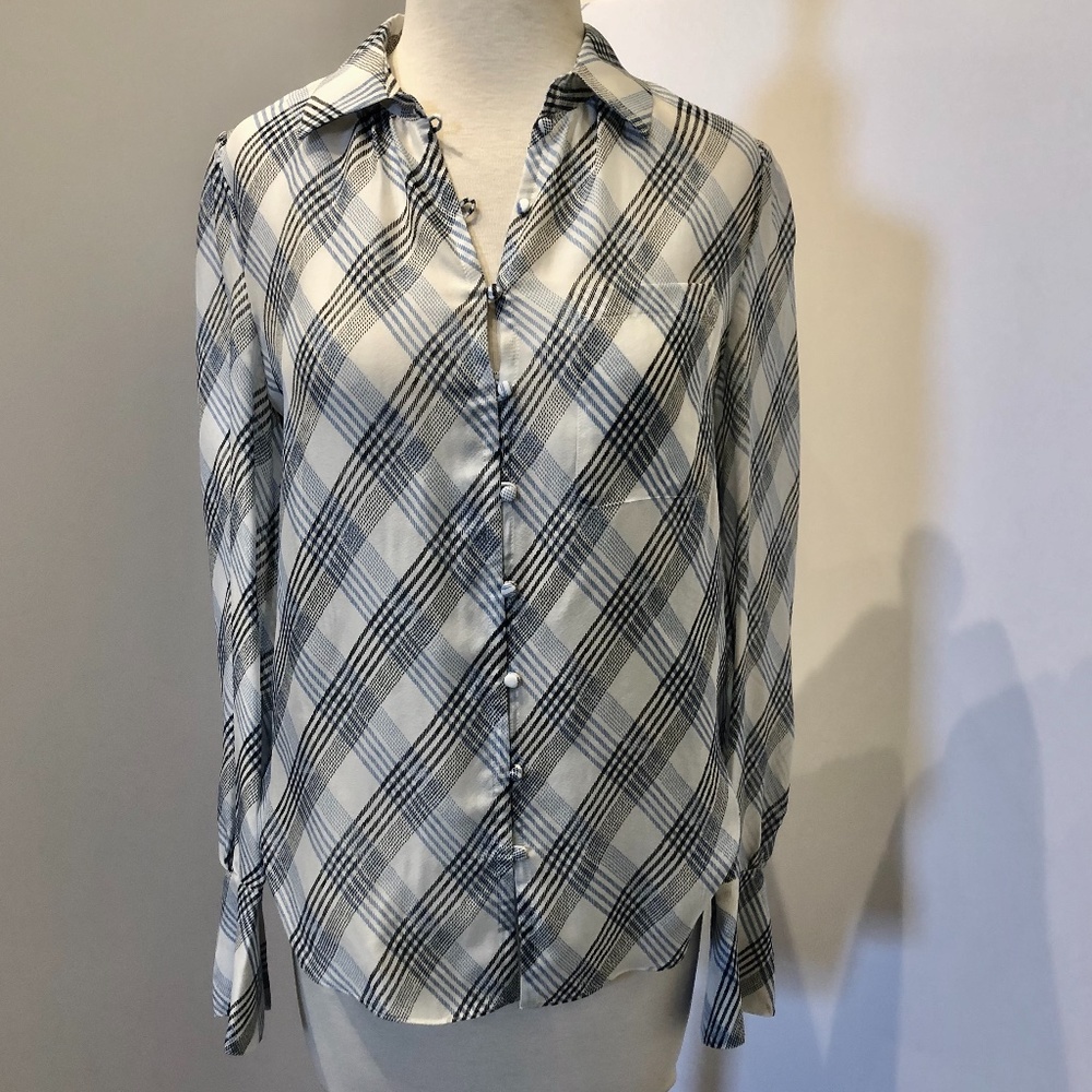 Joie Blue White Plaid Malcah Semi-sheer Silk Top - Picture 3 of 13